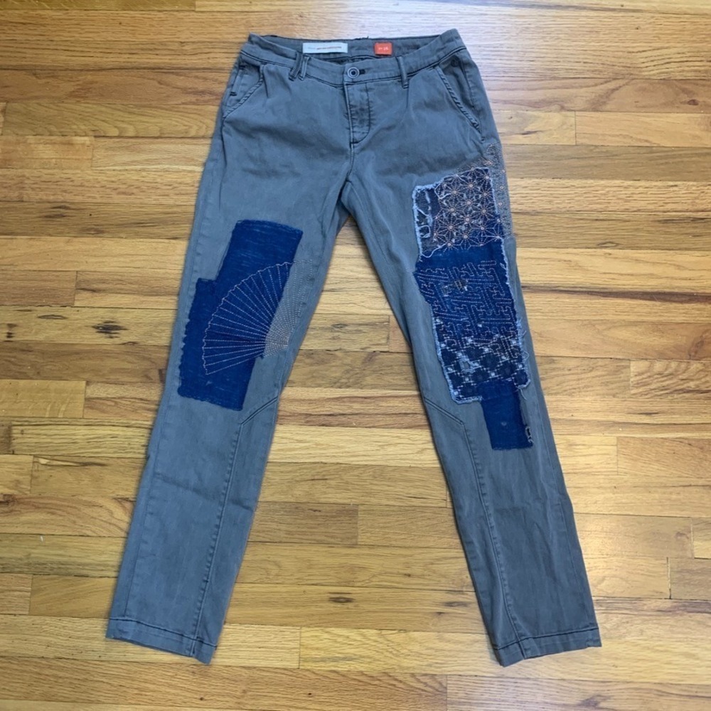 Pilcro Hyphen Anthropologie Embroidered Patchwork Chino Boho Pants 26 Unique